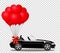 Black cabriolet car with bunch of red helium heart shaped balloons