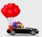 Black cabriolet car with gifts and bunch of red heart balloons