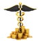 Black caduceus medical symbol and gold coins