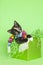 Black calico kitten with colorful striped poncho celebrating in green gift box