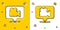 Black Camera and location pin icon isolated on yellow and white background. Random dynamic shapes. Vector