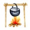 Black camping pot over a campfire watercolor illustration isolated on white background. Bonfire campfire, Burning fire