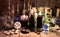 Black candles with runes, crystals, healing herbs and ritual objects