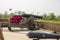 black cannons with a brown wooden base in front of a red brick wall with lush green plants and trees along the Savannah River