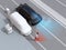 Black car emergency braking to avoid car accident with pedestrian who using smartphone