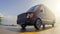Black Cargo Van on Countryside Road at Sunny Day Motion Blurred Fisheye Lens 3d Illustration