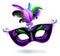 Black carnival mask with violet pink blue feathers on white background. Carnival banner. Vector card. Mardi gras banner