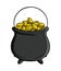 Black cast iron cauldron full of golden coins money pot with leprechaun savings. Saint PAtrick\\\'s day