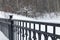 Black cast-iron railings dusted with snow