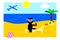 Black cat on the beach near the blue ocean or seaside on paradise island, cute cat vacation