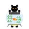 The black cat is behind the aquarium. The cat wants to catch a goldfish. Cute cat character. Vector illustration for children.