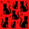 Black cat, black cats, moon, on blue, scarlet, red, gray white background