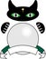 Black cat cartoon with green eyes and star on forehead using a crystal ball