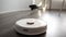 Black cat chasing smart robot vacuum cleaner with interest.