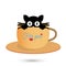 Black cat in cup for wallpaper design. Sweet world poster.The head of a black cat peeks out of a cup, the inscription
