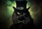 Black cat in cylinder hat and bow tie on dark green background.