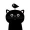 Black cat face head silhouette and bird. Cute cartoon character. Kawaii animal sticker. Baby card. Sad emotion. Pet collection.