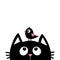 Black cat face head silhouette looking up to bird. Cute cartoon character. Kawaii animal. Baby card. Pet collection. Flat design s