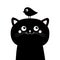 Black cat face head silhouette looking up to bird. Cute cartoon character. Kawaii animal sticker. Baby card. Happy emotion. Pet