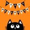 Black cat face head silhouette looking up to Bunting flags letters Happy Halloween. Flag garland. Party decoration element. Hangin