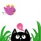 Black cat face head silhouette looking up to mother and baby bird. Green grass dew drop. Cute cartoon character. Kawaii animal. Pe