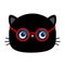 Black cat face head wearing red round shape sunglasses eyeglasses. Funny sunglass. Blue lenses, red frame. Cute cartoon kawaii