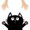 Black cat face looking up to human hand., paw print hug. Cute cartoon funny character. Kawaii animal. Adoption helping hands conce