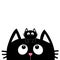 Black cat face silhouette looking up. Baby kitten hanging on the head. Cute cartoon character. Pet adoption. Flat design style.