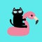 Black cat floating on white flamingo pool float water circle icon. Swimming pool water. Sunglasses. Lifebuoy. Cute cartoon