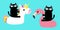 Black cat floating on white flamingo unicorn pool float water circle icon set. Swimming pool water. Sunglasses. Cute cartoon