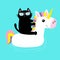 Black cat floating on white unicorn pool float water circle icon. Swimming pool water. Sunglasses. Lifebuoy. Cute cartoon relaxing