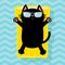 Black cat floating on yellow air pool water mattress. Cute cartoon relaxing character. Sunglasses. Summer time. Sea Ocean water wi