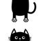 Black cat Funny face head silhouette looking up. Hanging fat body with paw print, tail. Cute cartoon character. Kawaii animal. Bab