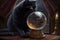 Black cat gazing into crystal ball - Generative AI