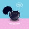 Black cat with golden-yellow eyes and a fluffy tail on the pink and blue pattern with cat paws print. Cute black cat