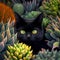 Black cat with green eyes in a cactus garden. 3d rendering