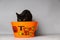 Black cat with green eyes dressed with a jack o lantern head piece against a seamless background behind a trick or treat container