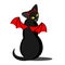 Black cat for Halloween. Devil cat with red horns, yellow eyes and red wings. Halloween costume. Suitable for decorating parties,