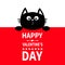Black cat hanging on board signboard. Cute cartoon funny kitten kitty hiding behind paper. Happy Valentines Day. Calligraphy lette