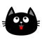 Black cat head face icon looking up. Red tongue. Surprised emotion. Cute cartoon character. Pet baby collection card. Flat design.