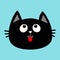 Black cat head face icon looking up. Red tongue. Surprised emotion. Cute cartoon character. Pet baby collection Card. Flat design.