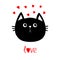 Black cat head icon. Red heart set. Cute funny cartoon character. Valentines day Word love Greeting card. Sad emotion. Kitty Whisk