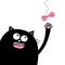 Black cat head looking at pink bow hanging on thread. Playing kitten. Paw print. Cute cartoon funny character. Pet baby collection