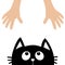 Black cat head looking up to human hand. Cute cartoon funny character. Kawaii animal. Adoption helping hands concept. Love Greetin