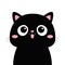 Black cat head silhouette. Cute cartoon baby character. Kawaii pet animal. Smiling face. Pink nose, ears, cheeks, tongue. Funny