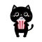 Black cat holding eating popcorn. Cinema theater. Cute cartoon kawaii funny baby character. Film show. Kitten watching movie. Flat