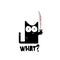 Black cat holding ninja katana knife isolated on white background. Funny Halloween black cat holding a bloody knife