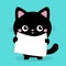 Black cat holding placard blank sign paper with paws. Web banner template. Kitten with big eyes. Cute cartoon funny baby character