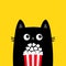 Black cat holding popcorn box. Cute cartoon funny character. Cinema theater. Film show. Kitten watching movie. Kids print for