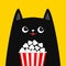 Black cat holding popcorn box. Cute cartoon funny character. Cinema theater. Pop corn. Kitten watching movie. Film show. Kids